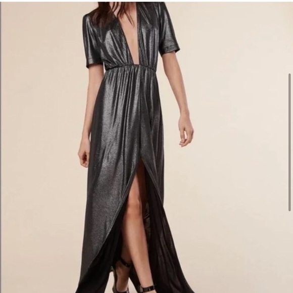 Reformation Dresses & Skirts - REFORMATION Sz M Dark Silver Adeline Maxi Dress Deep V Metallic